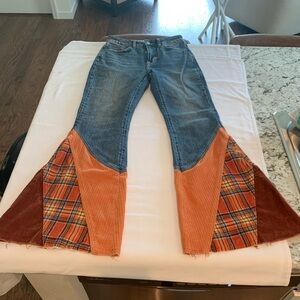 Free People Blue Denim with Orange and Brown Plaid Flare Pants